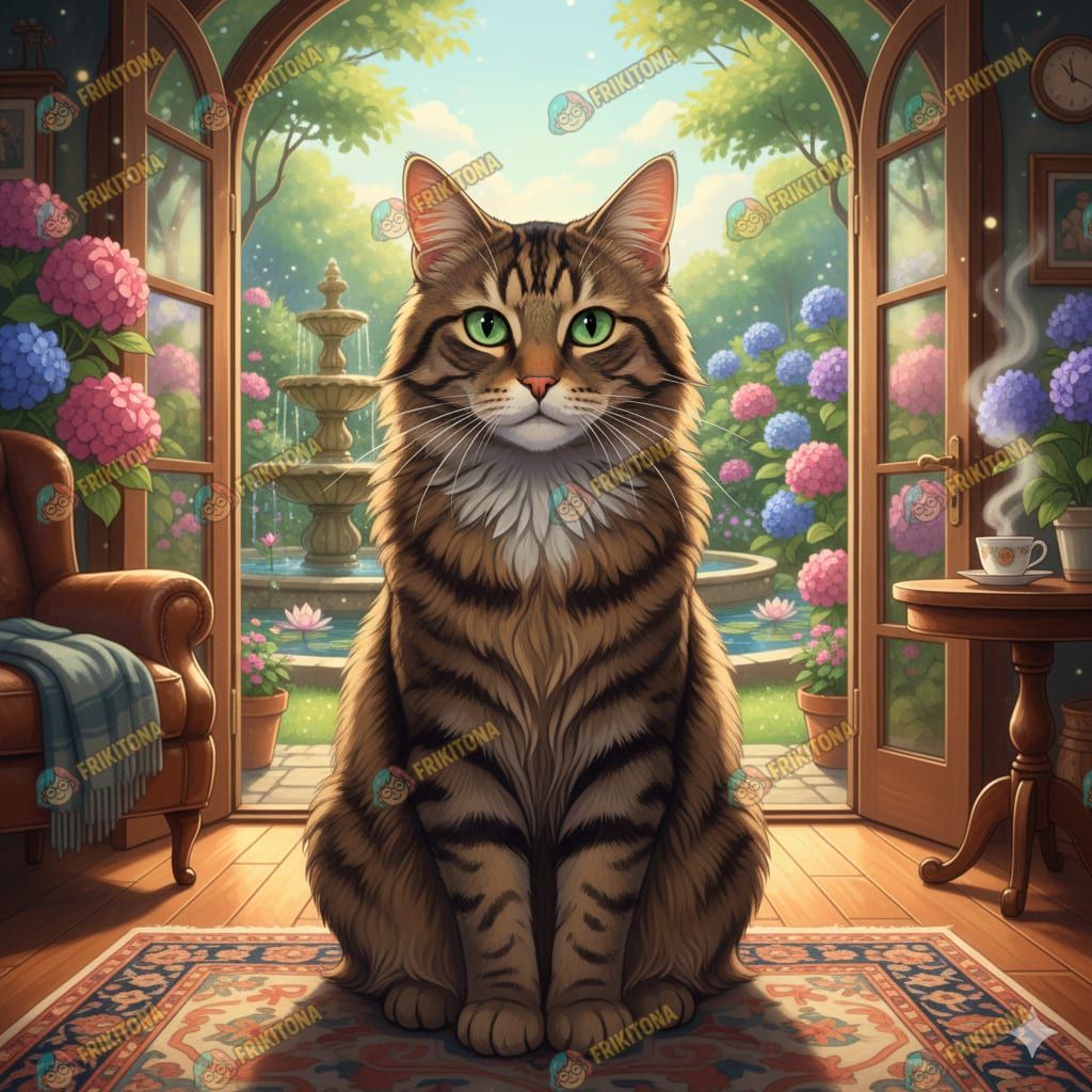 Diamond Painting: Gato Noruego entre Hortensias