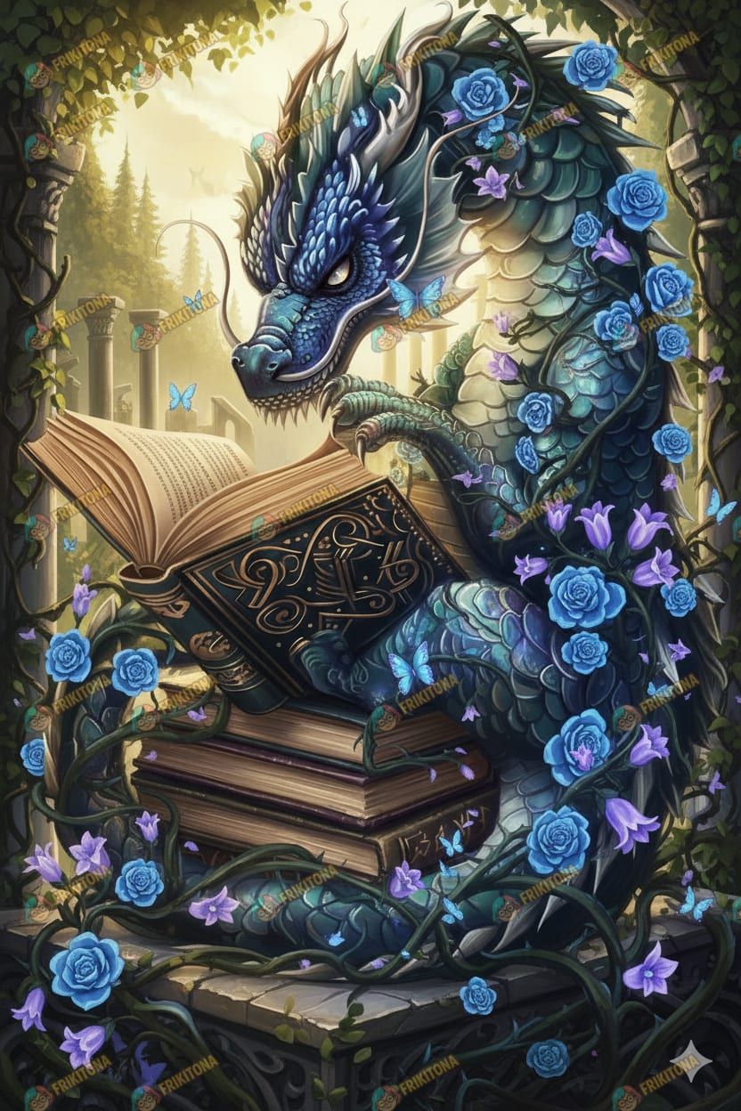 Diamond Painting: Dragón Lector entre Rosas Azules