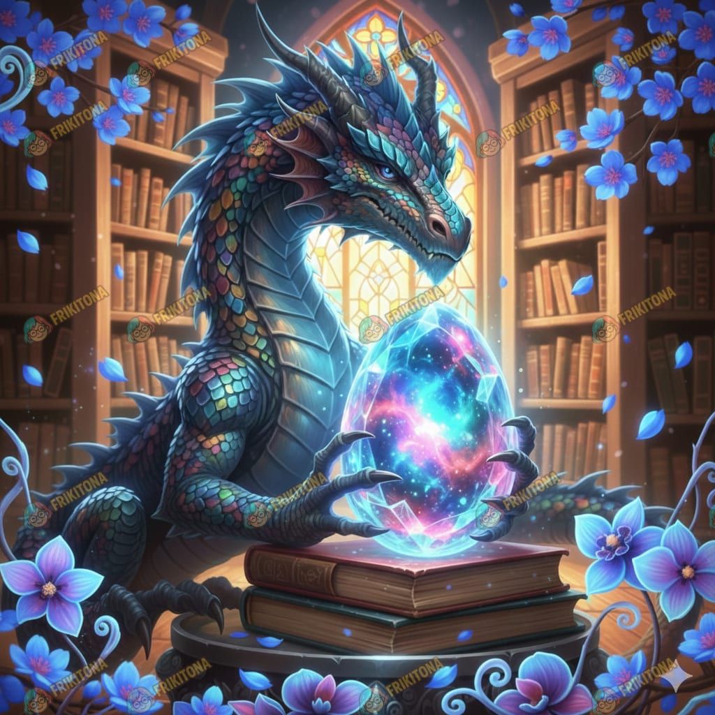 Diamond Painting: Dragón y Huevo Azul de Flores