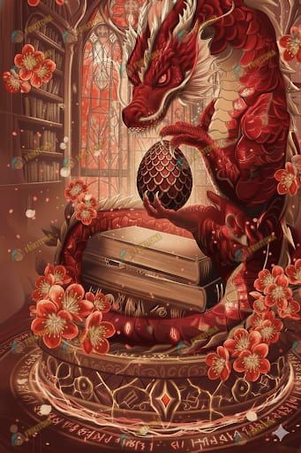 Diamond Painting: Dragón Rojo y Huevo en la Biblioteca