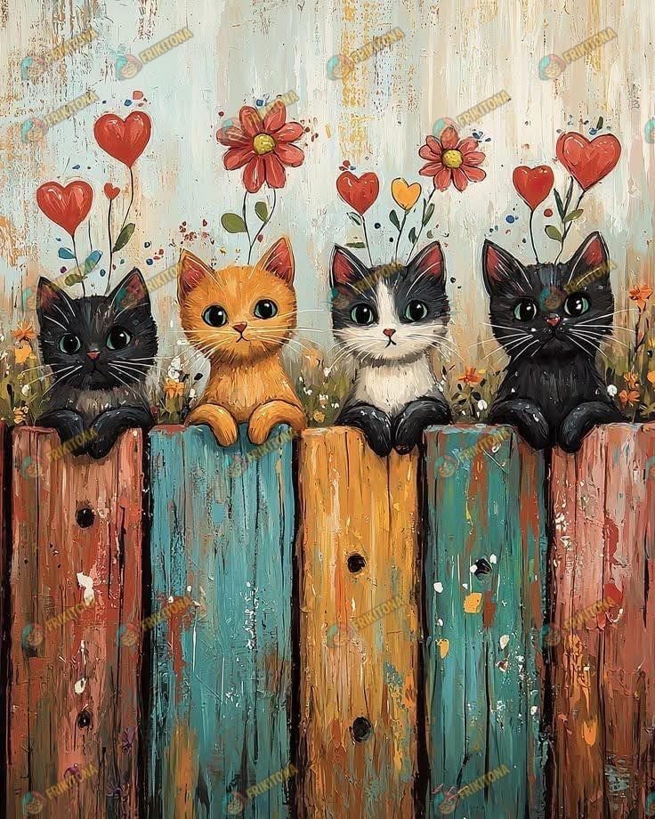 Diamond Painting: Cuatro Gatitos en la Valla