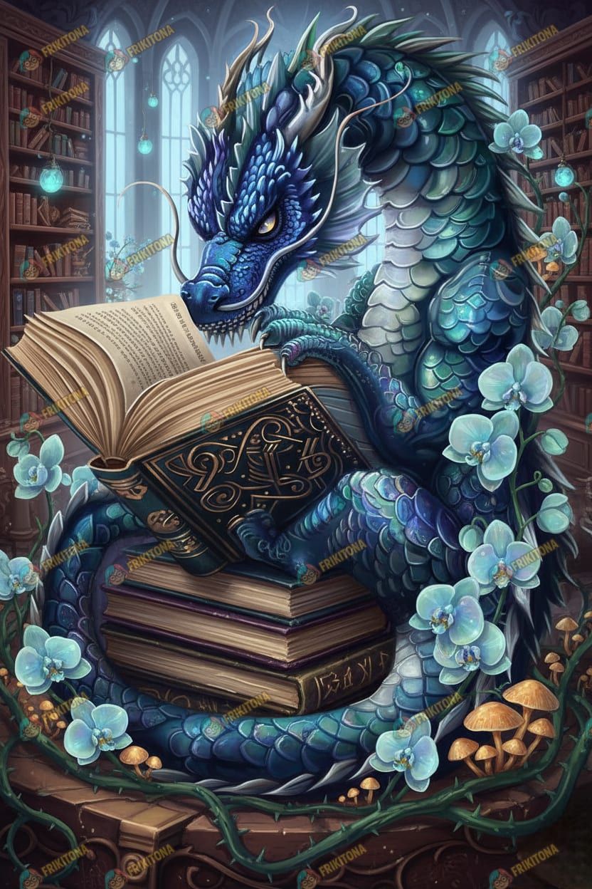 Diamond Painting: Dragón Azul en la Biblioteca con Orquídeas