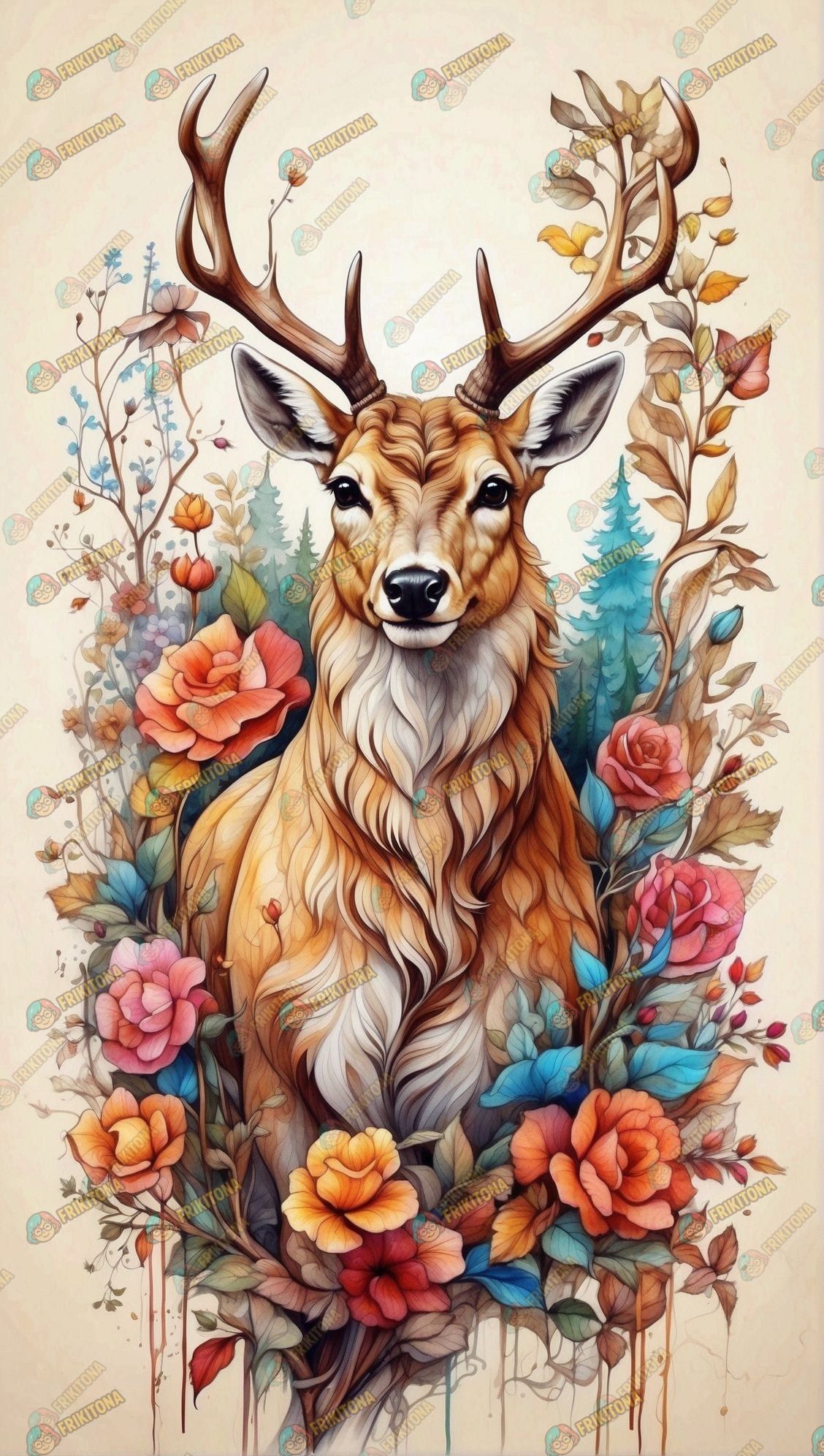 Diamond Painting: Ciervo Ilustrado entre Flores