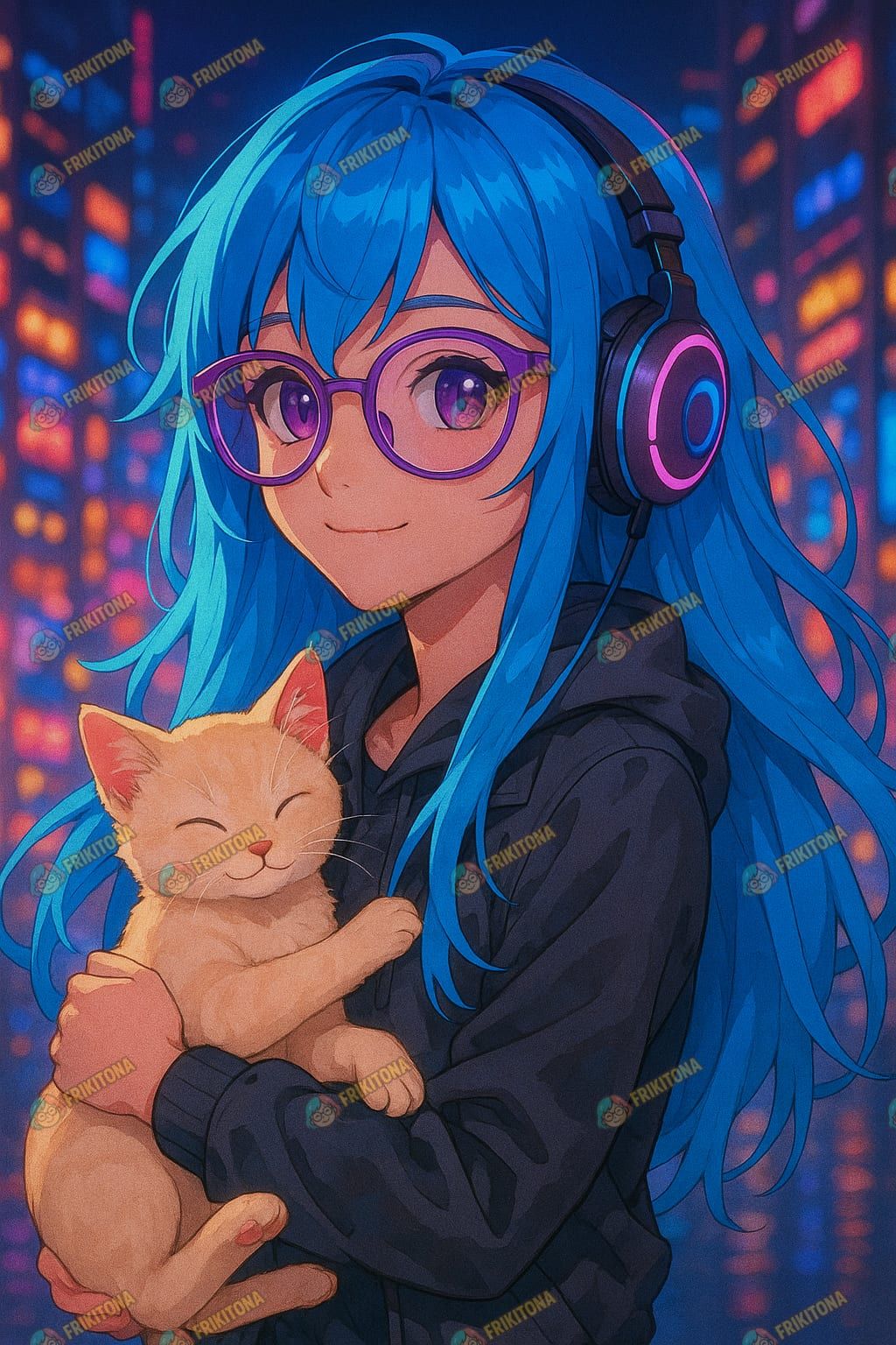 Diamond Painting: Chica Azul con Gatito Naranja