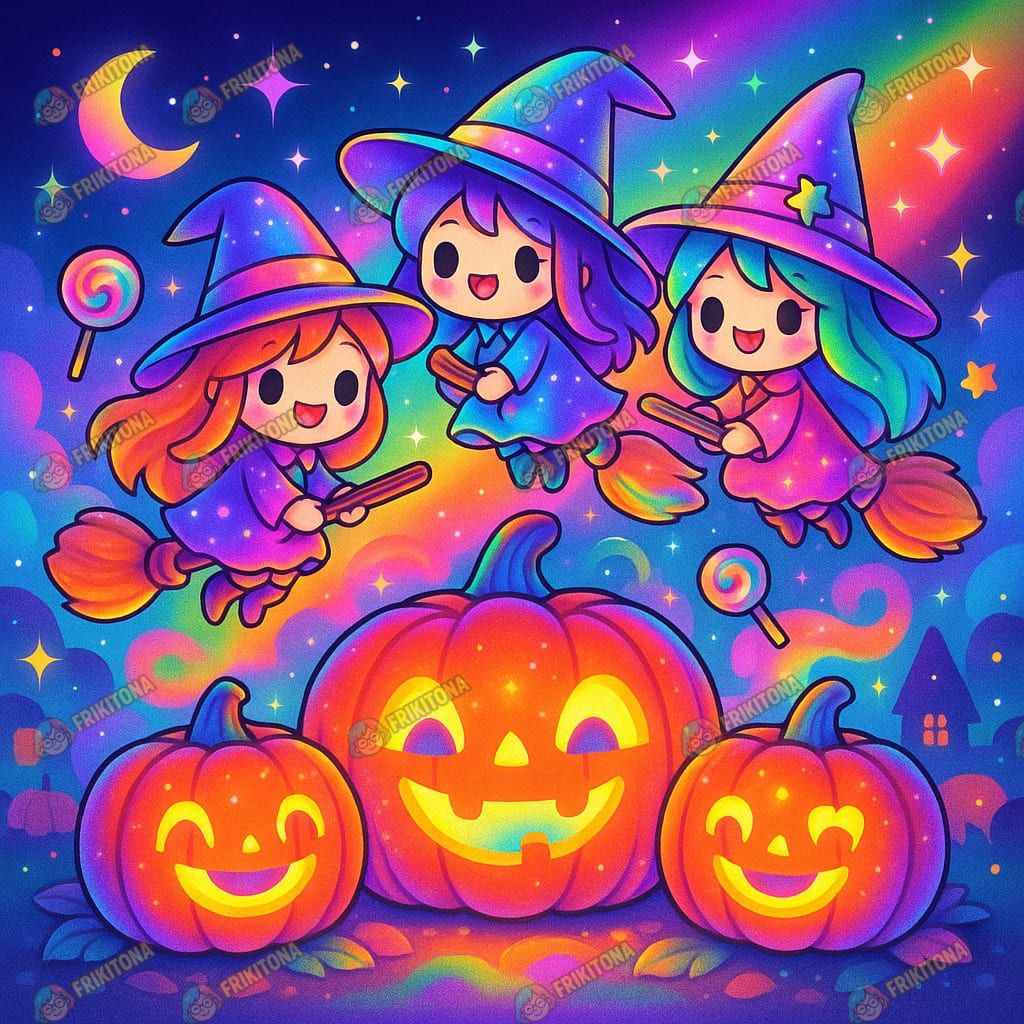 Diamond Painting: Tres Brujitas Kawaii Volando