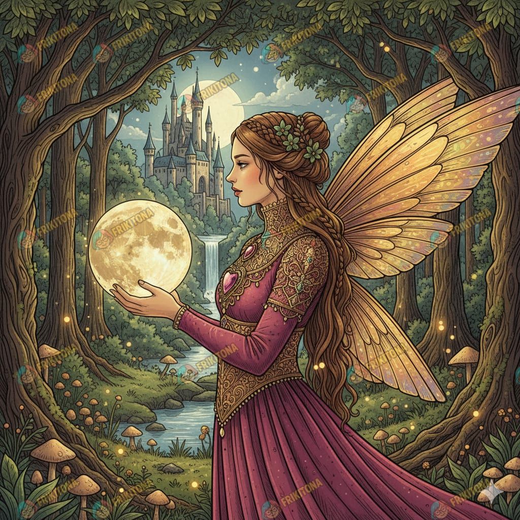 Diamond Painting: Hada del Bosque con Luna Dorada