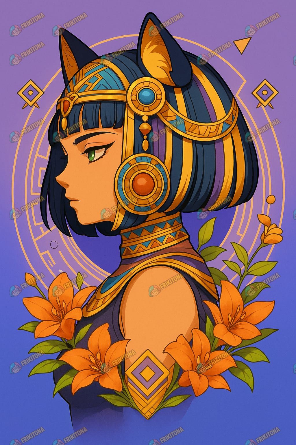Diamond Painting: Bastet entre Lirios Dorados