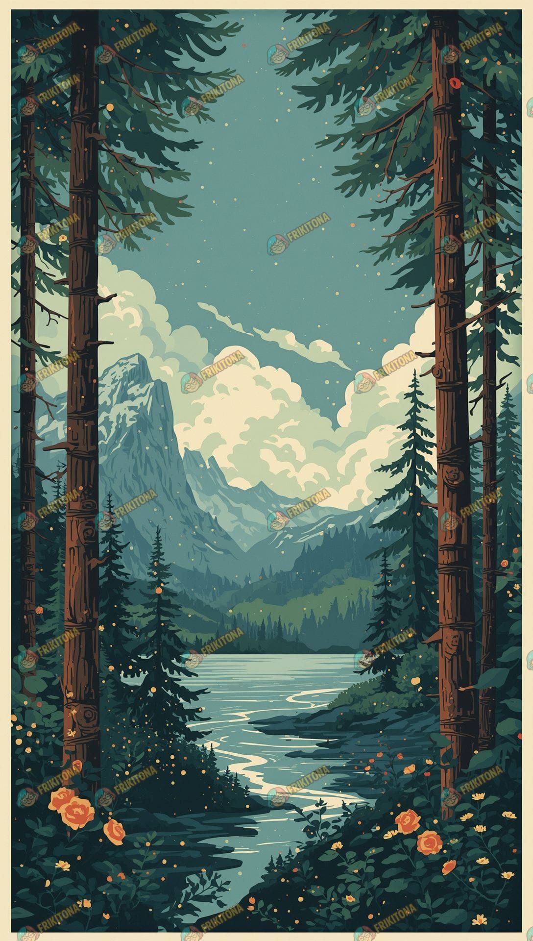Diamond Painting: Río entre pinos ancestrales