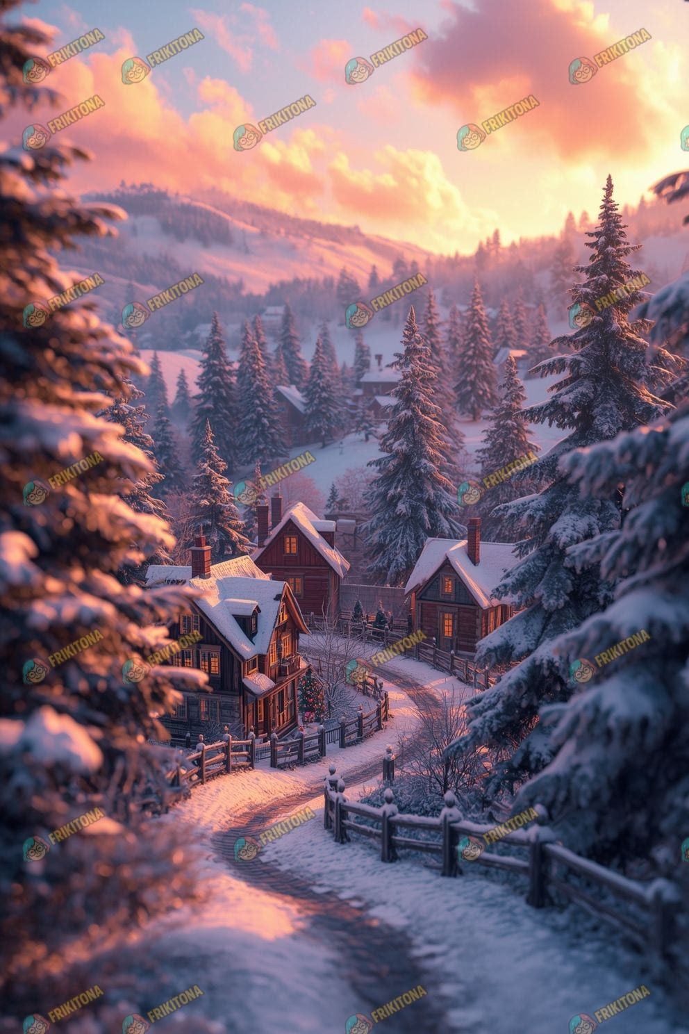 Diamond Painting: Aldea bajo nieve dorada