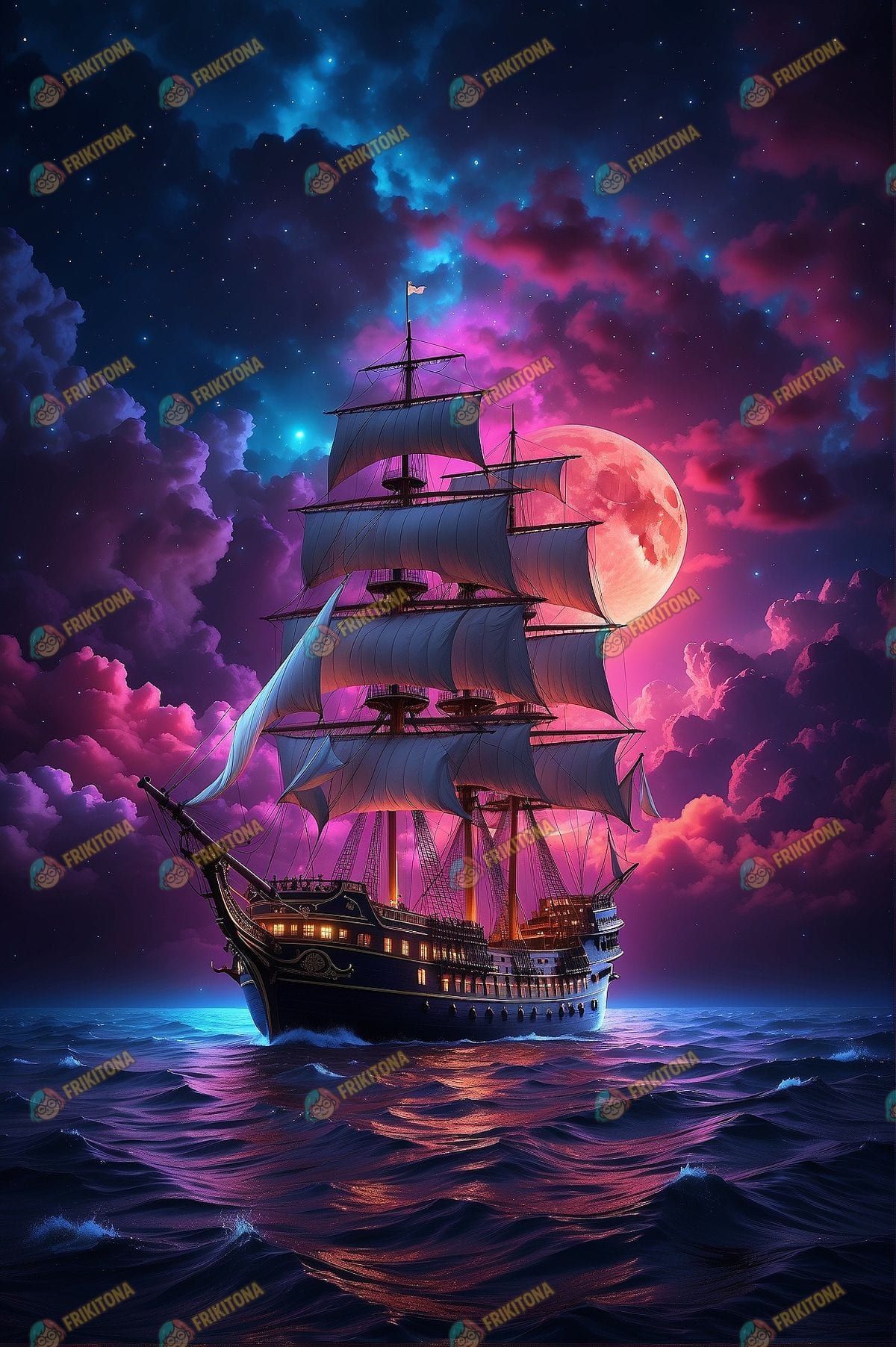 Diamond Painting: Galeón bajo luna rosa
