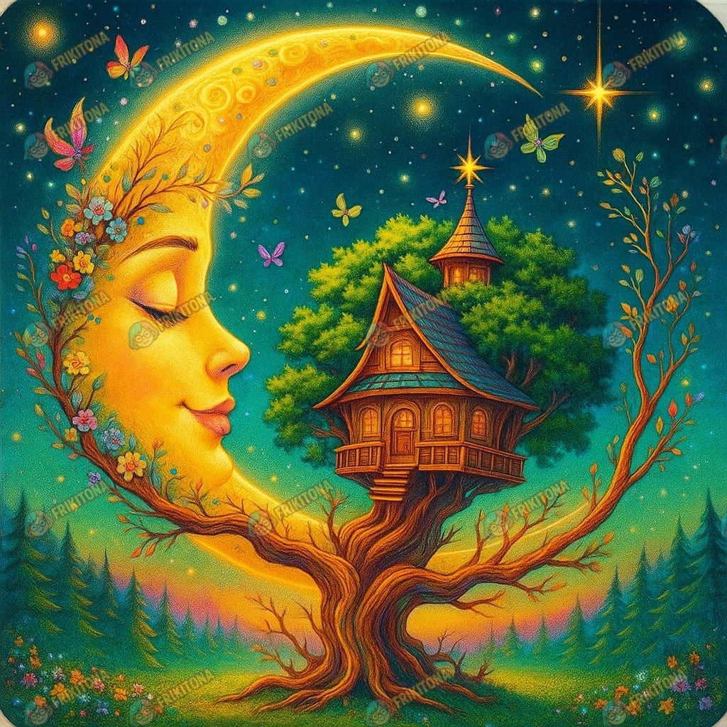 Diamond Painting: Luna sonriente y cabaña